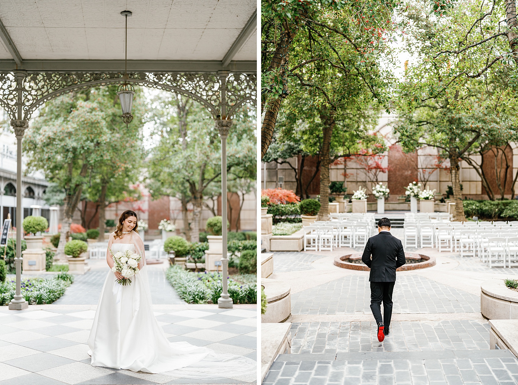 A bride smiles down to her white bouquet next to her groom walking to the ceremony in the gardens at the Hotel Crescent Court Wedding venue