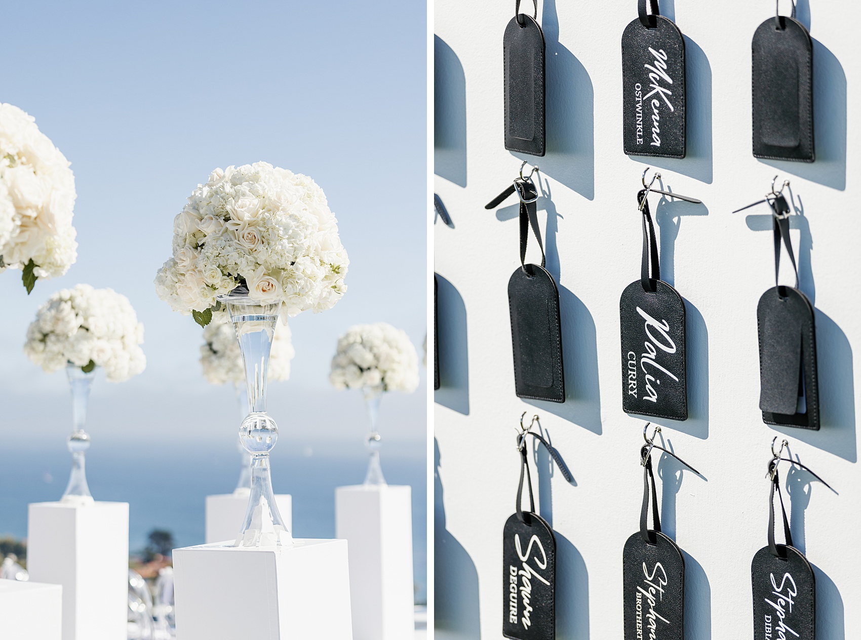 Wedding details with custom monogrammed luggage tags for table assignments
