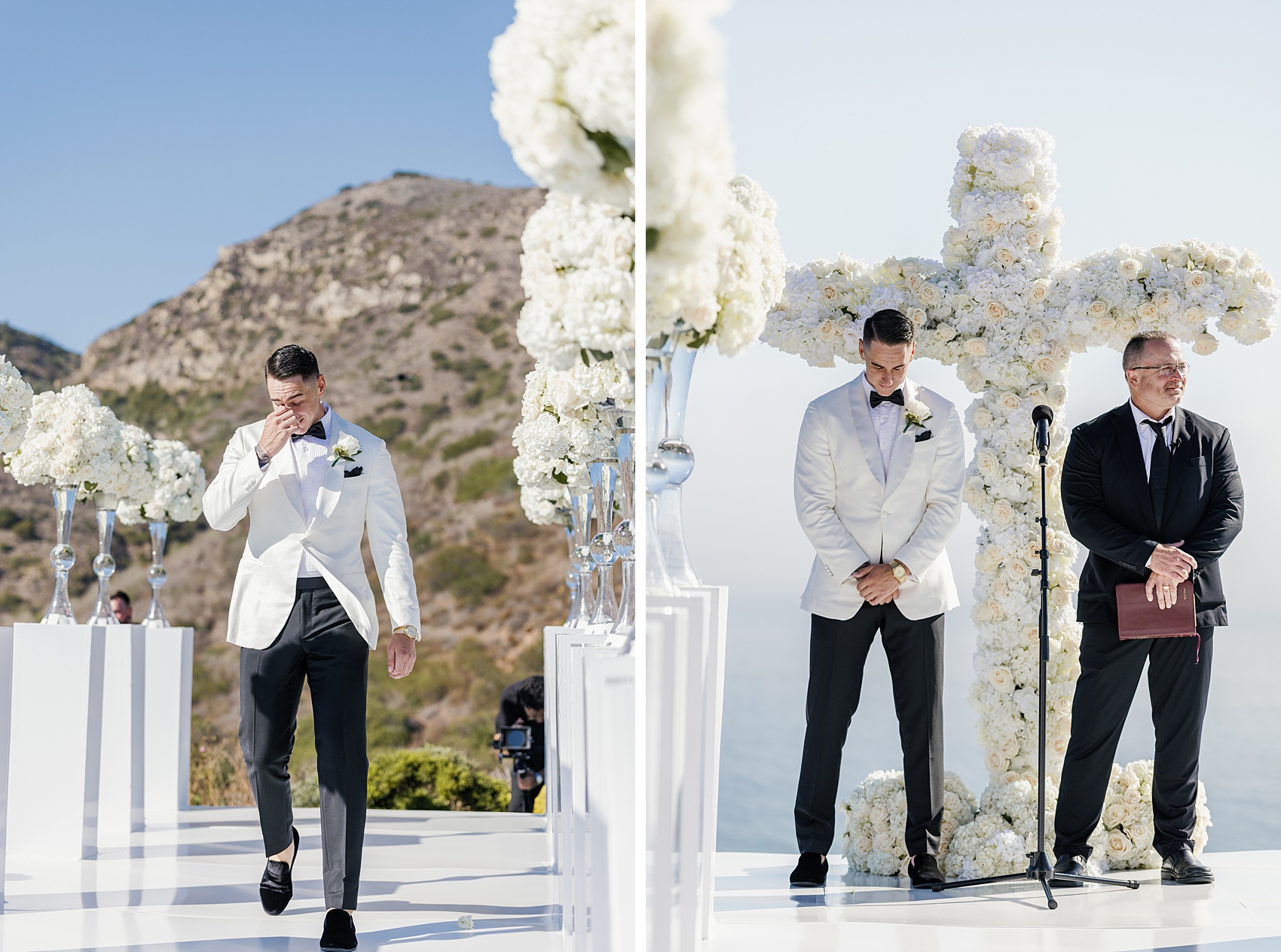 A groom cries while walking the aisle next to him waiting for his bride
