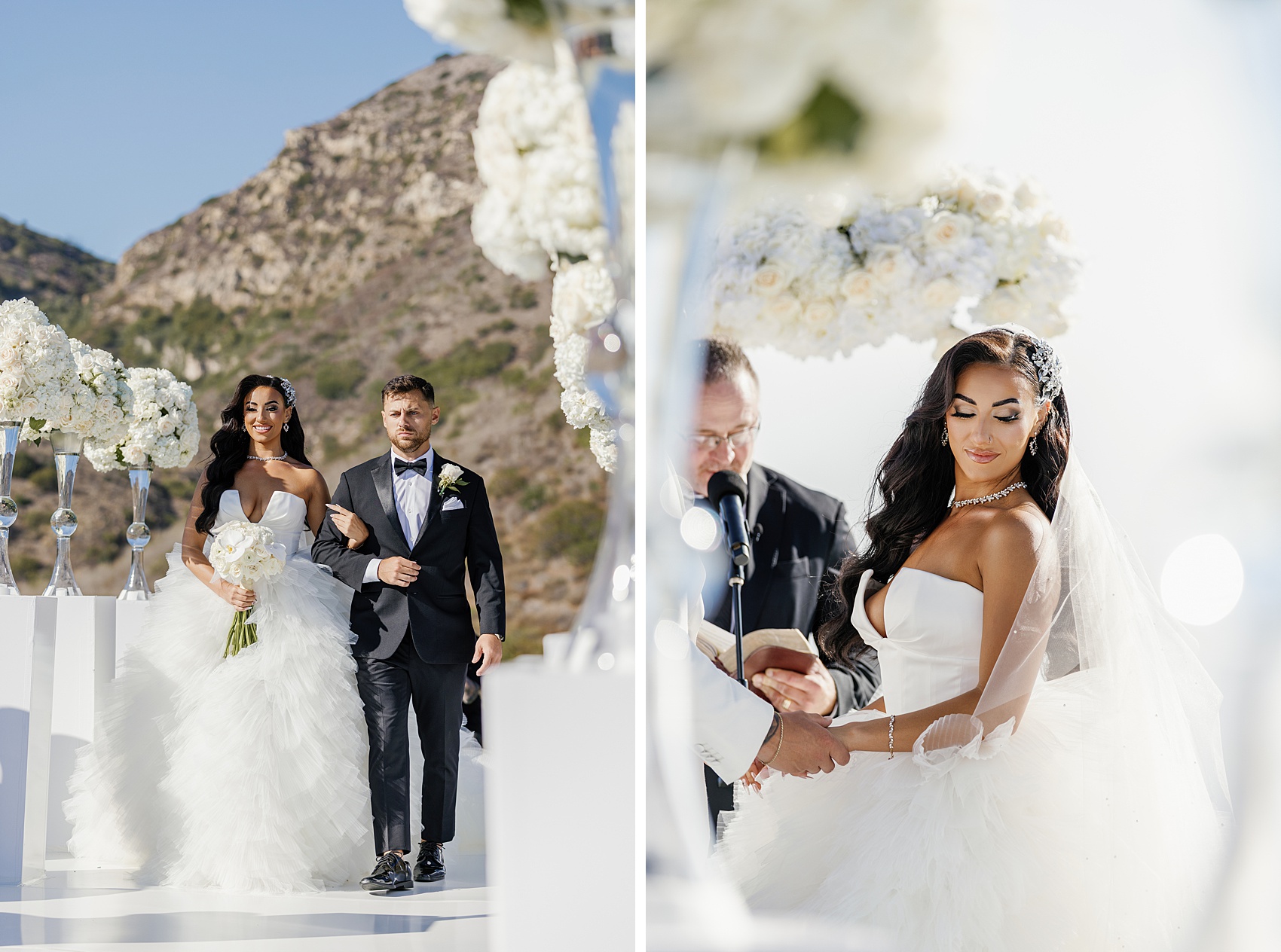 A bride walks down the aisle nest to her at the altar holding her groom's hands