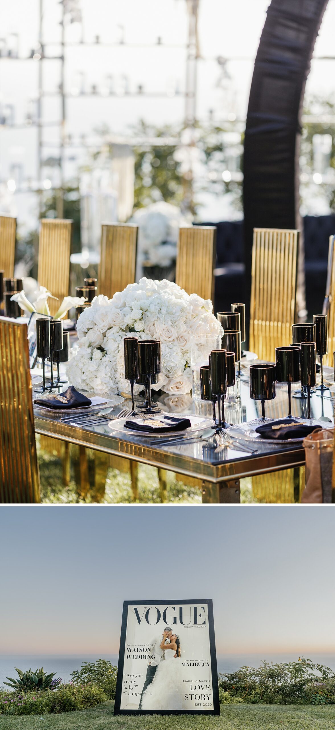 Details of a wedding reception and vogue welcome sign