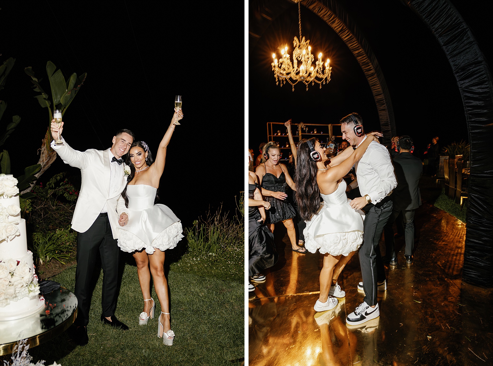 Newlyweds dance in their silent disco dance party next to them with champagne by the large cake