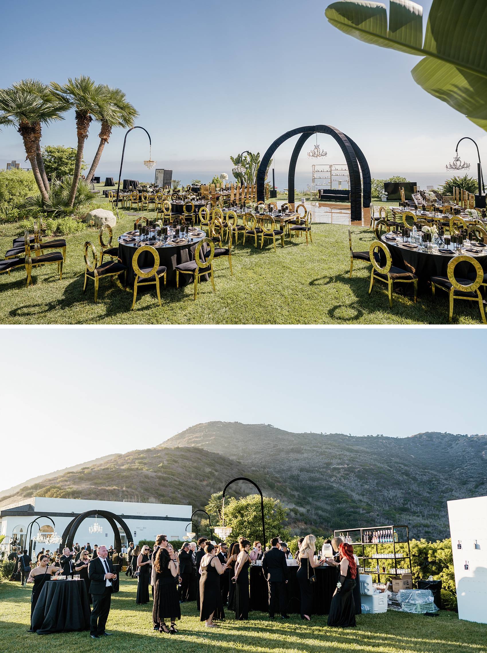 A look at a black and gold wedding reception in the lawn of the Malibu Sea View Estate