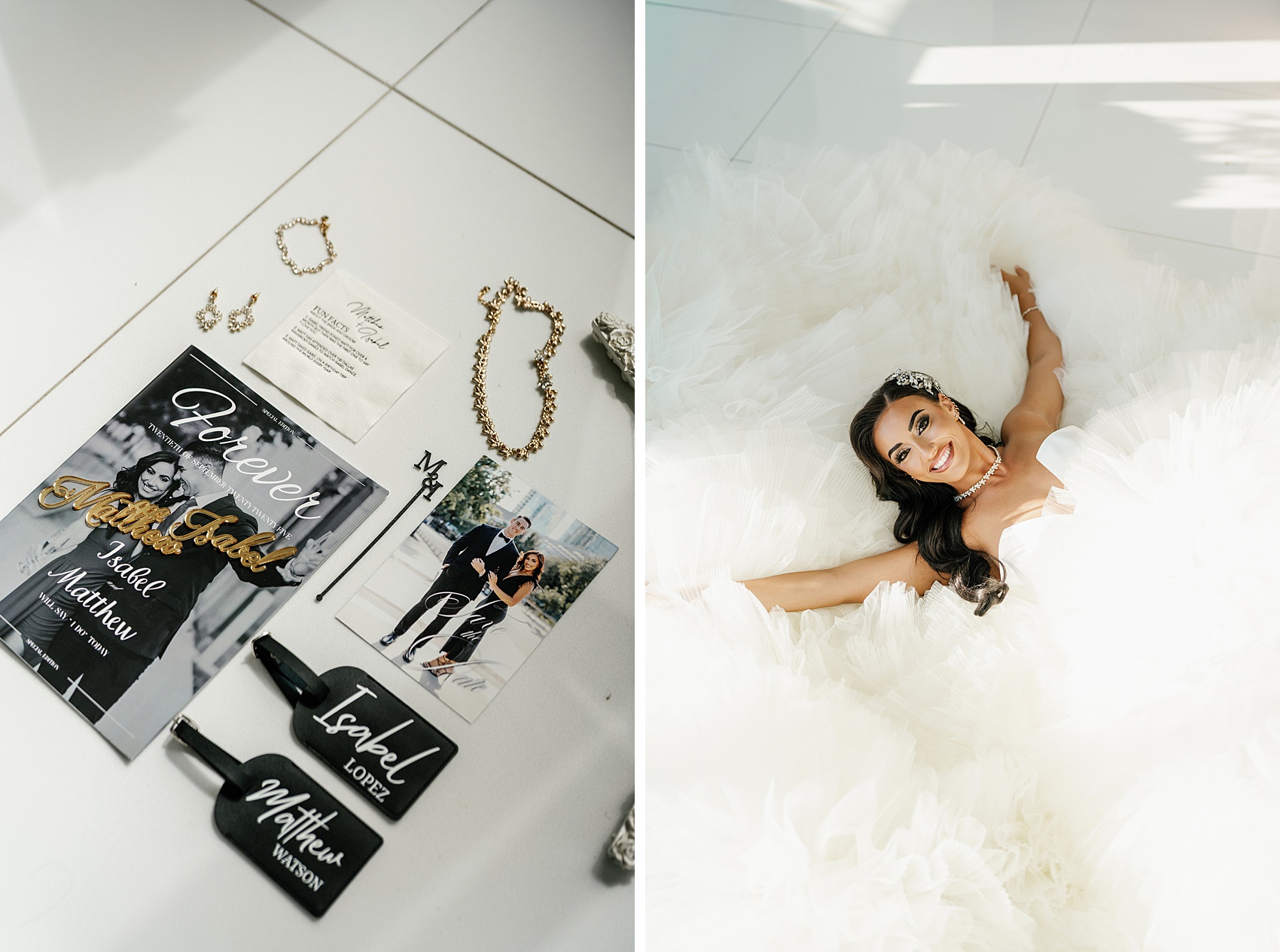 A bride smiles while laying in a bed of her tule train next to invitation and jewelry details