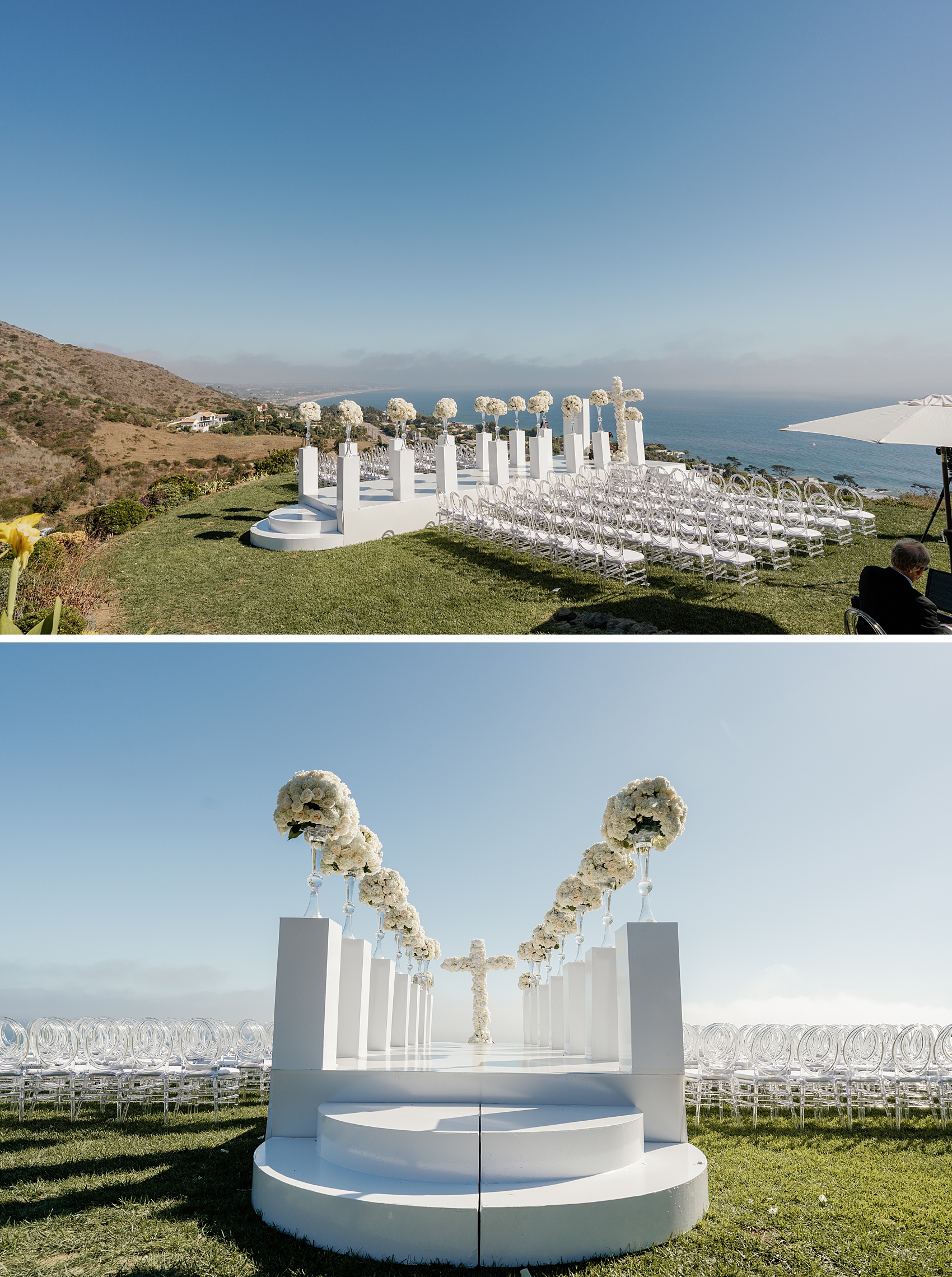 Details of a custom elevated aisle and altar on the edge of a cliff overlooking the ocean at Malibu Sea View Estate