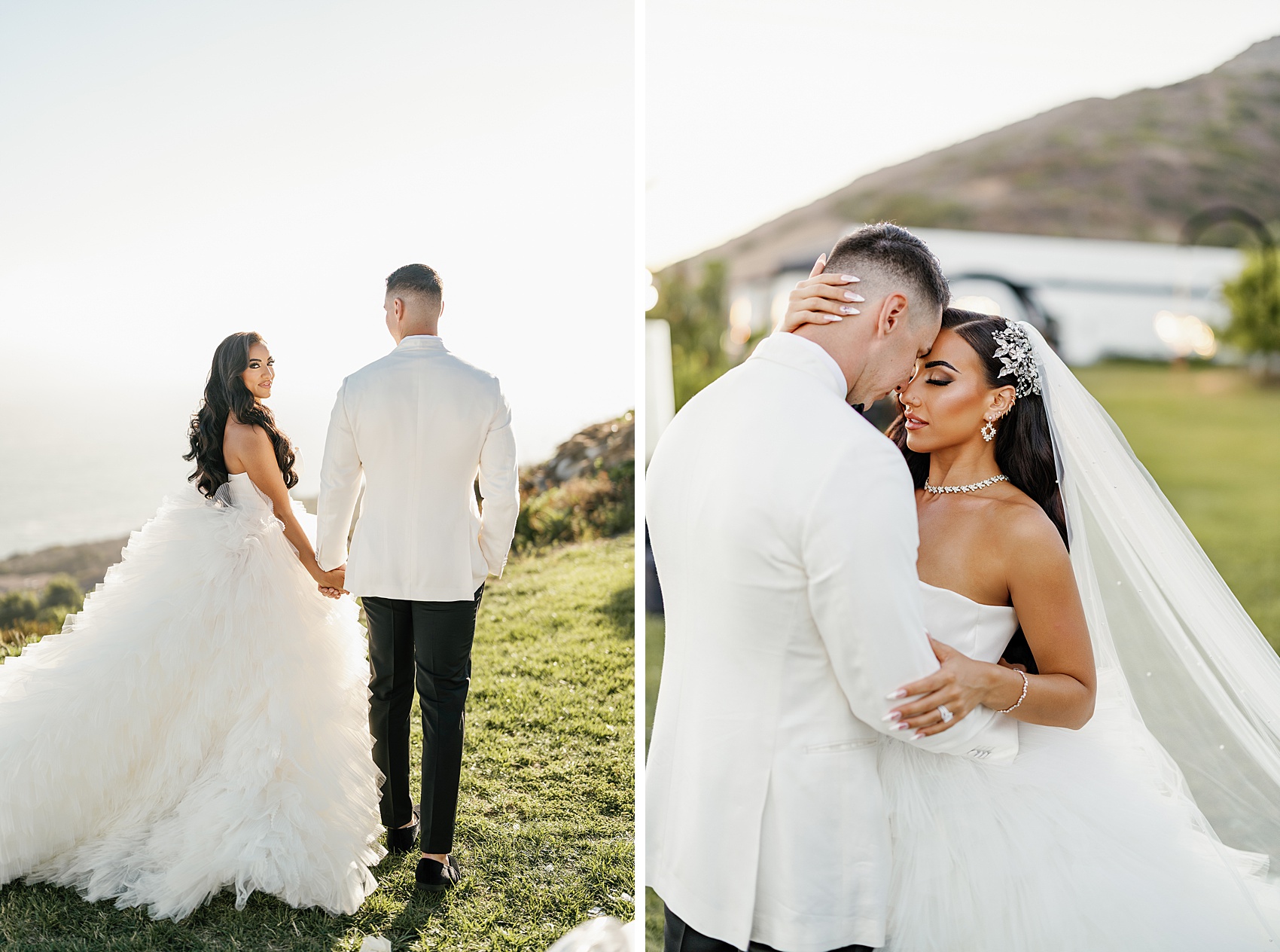 A bride and groom snuggle touching foreheads and walk along the ridge at sunset during their Malibu Sea View Estate wedding