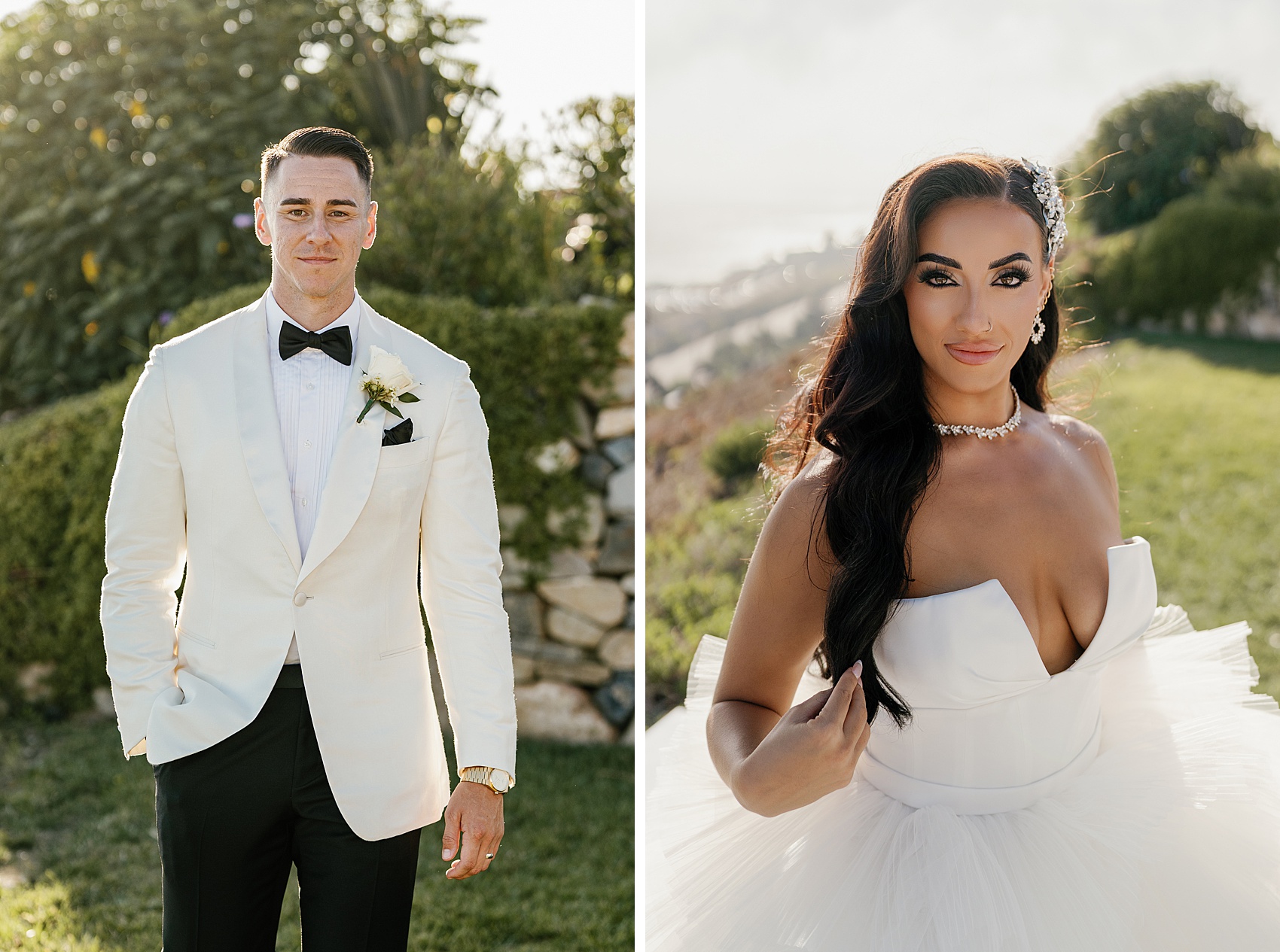 Newlyweds stand in the lawn at sunset smilingMalibu Sea View Estate