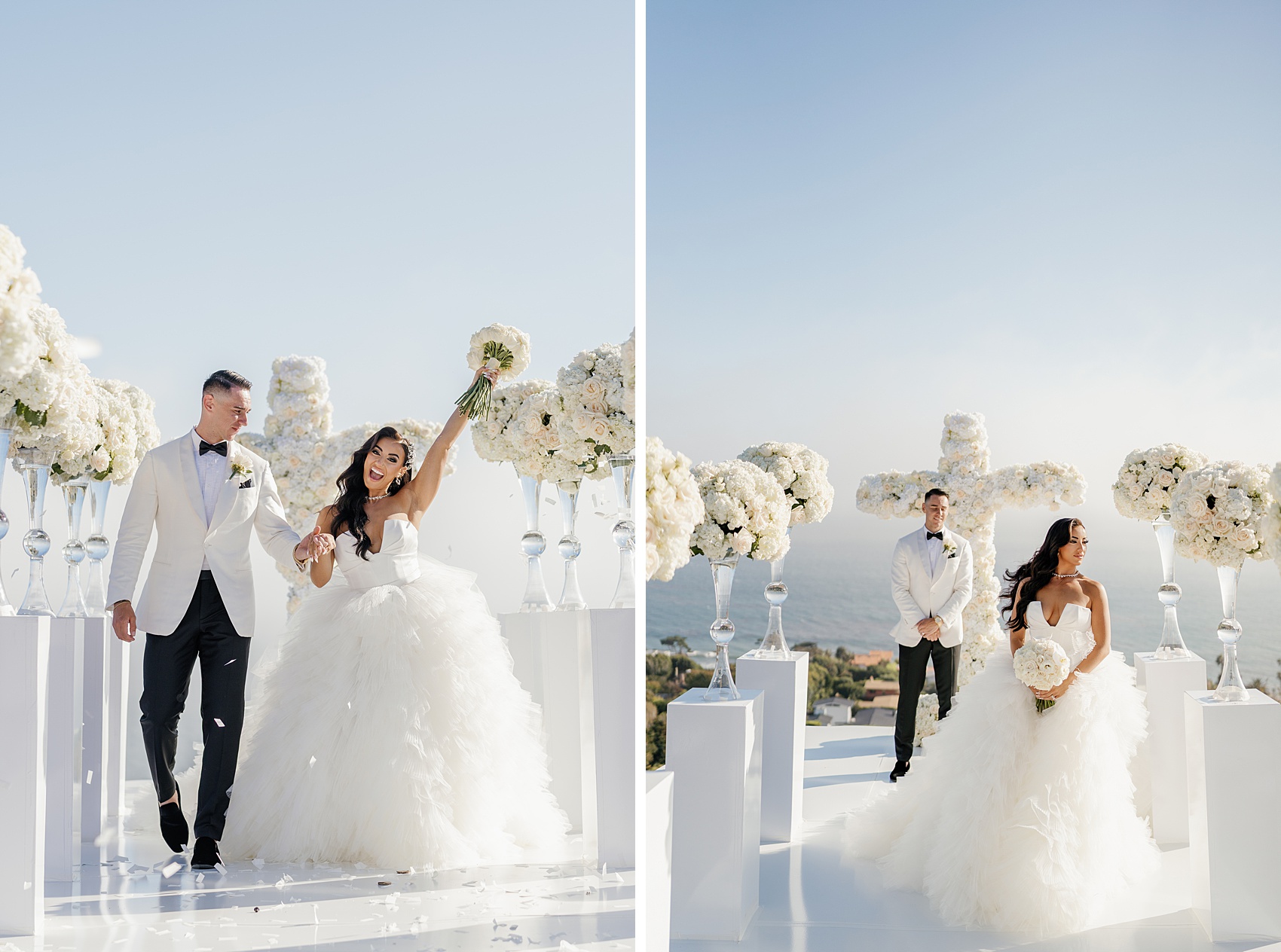 NEwlyweds celebrate their wedding outdoors at the Malibu Sea View Estate