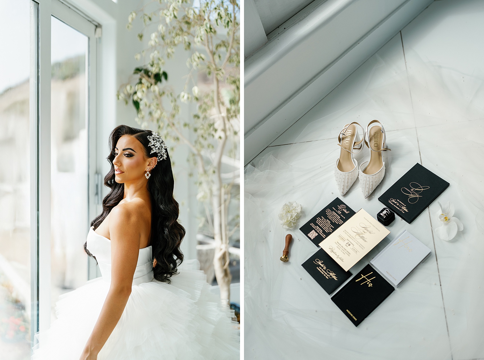 A bride gazes out a window in her gown next to bridal details on marble floor with invitations and ringsMalibu Sea View Estate