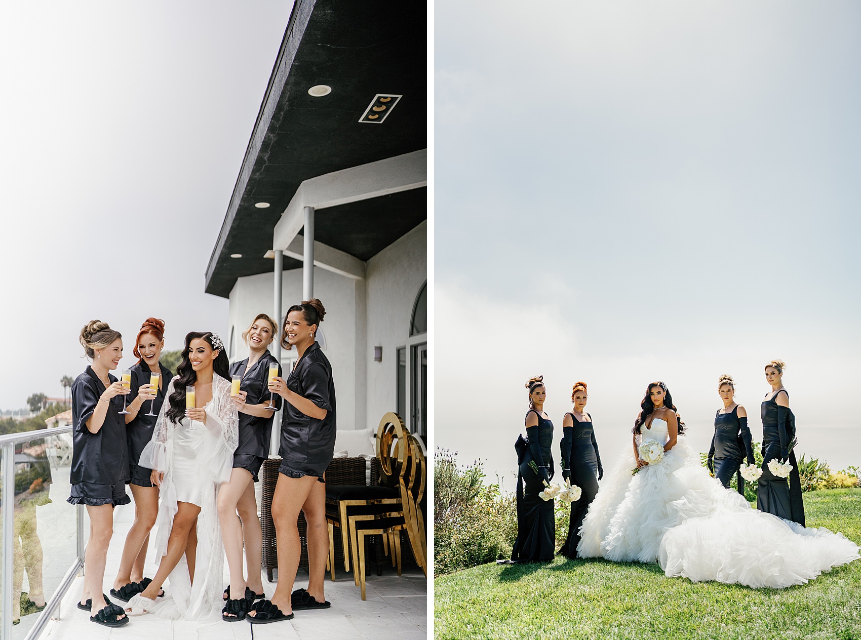 A bride toasts mimosas in pajamas with her bridesmaids on a balcony next to them dressed in the Malibu Sea View Estate lawn