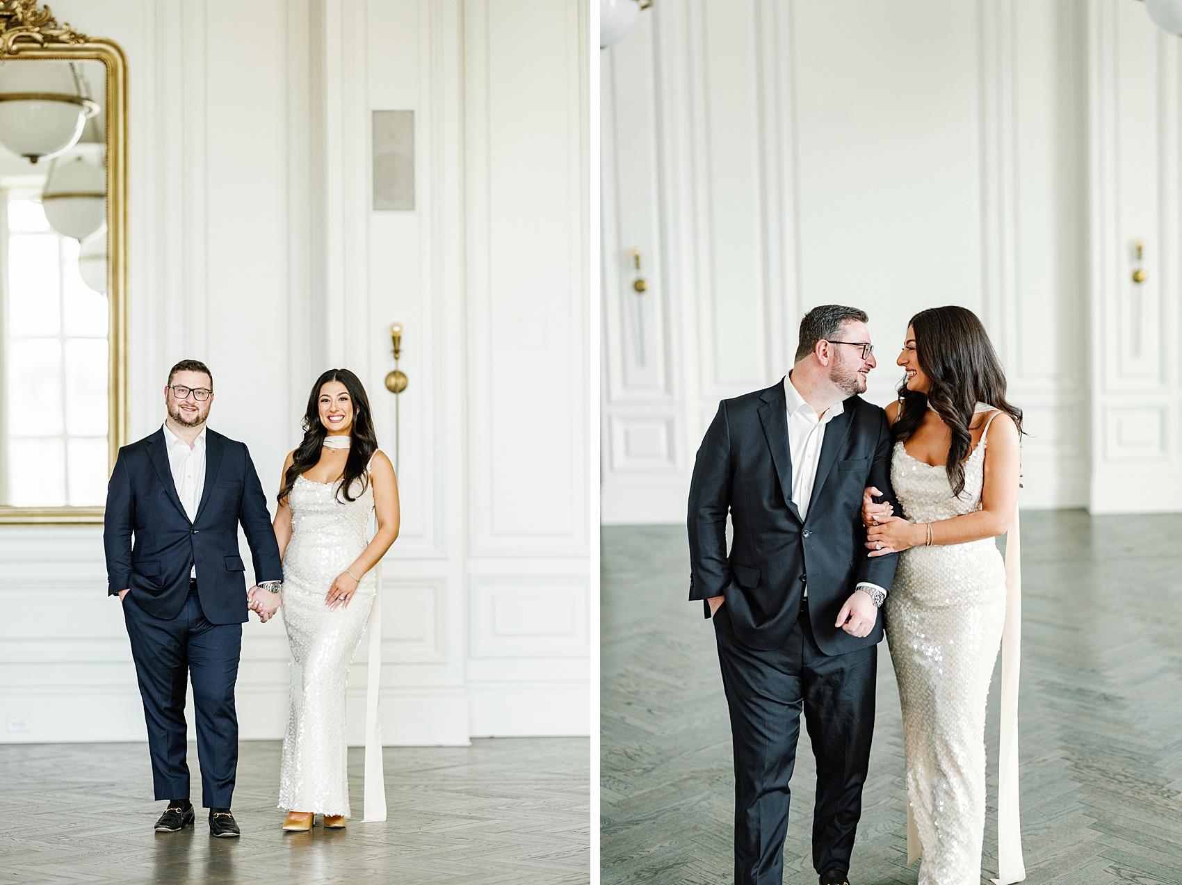 NEwlyweds giggle while walking close in a large open hall next to them holding hands at The Adolphus Hotel wedding venue