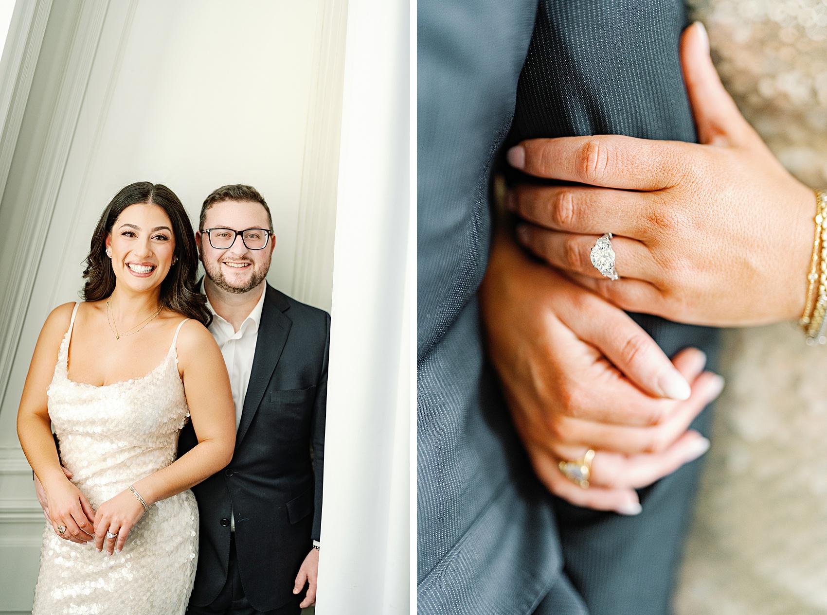 Details of a bride holding her groom's arm with the ring on it next to them smiling together in a white room