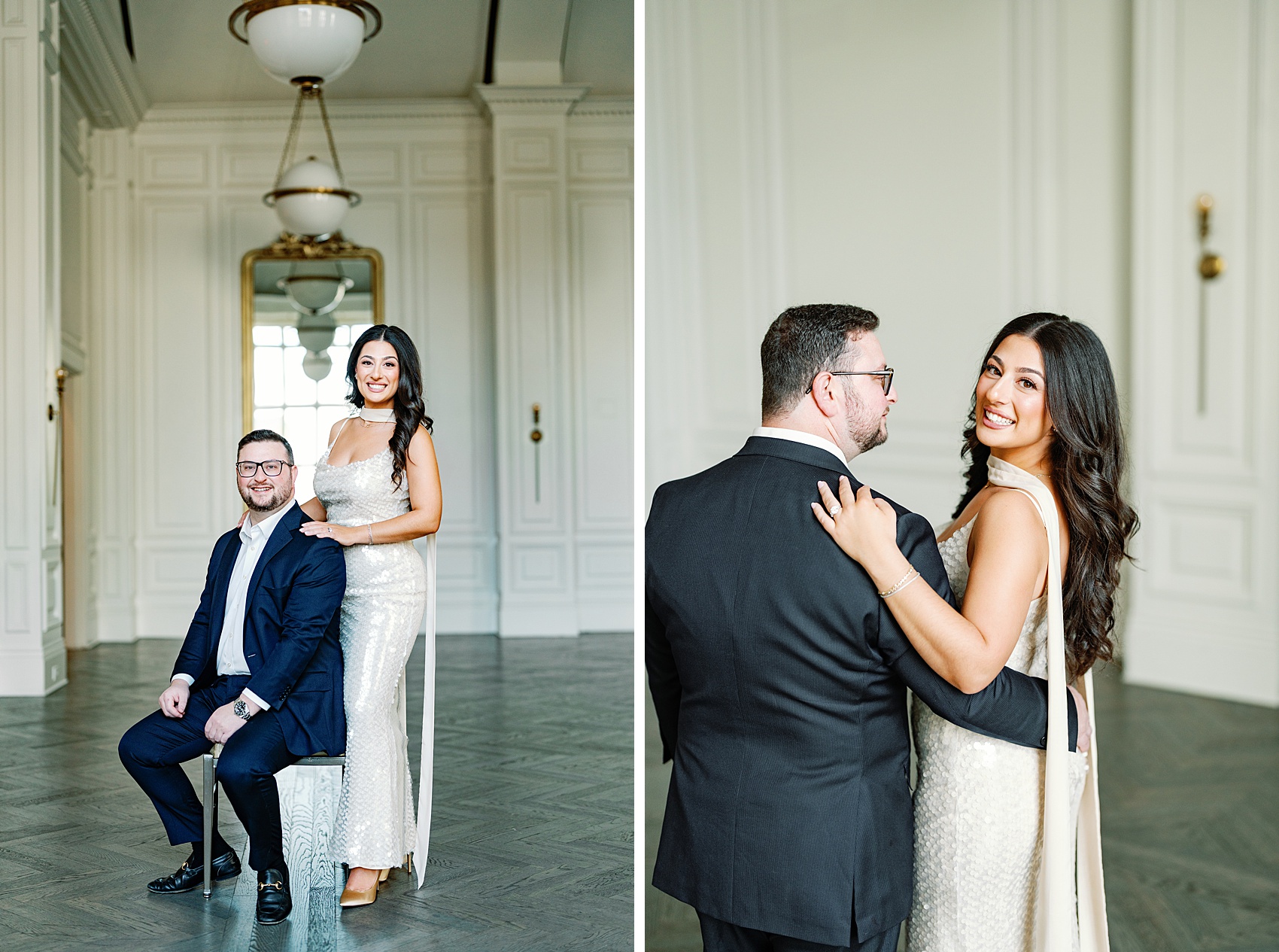 Happy newlyweds sit and stand while standing in a large white hall at The Adolphus Hotel wedding venue