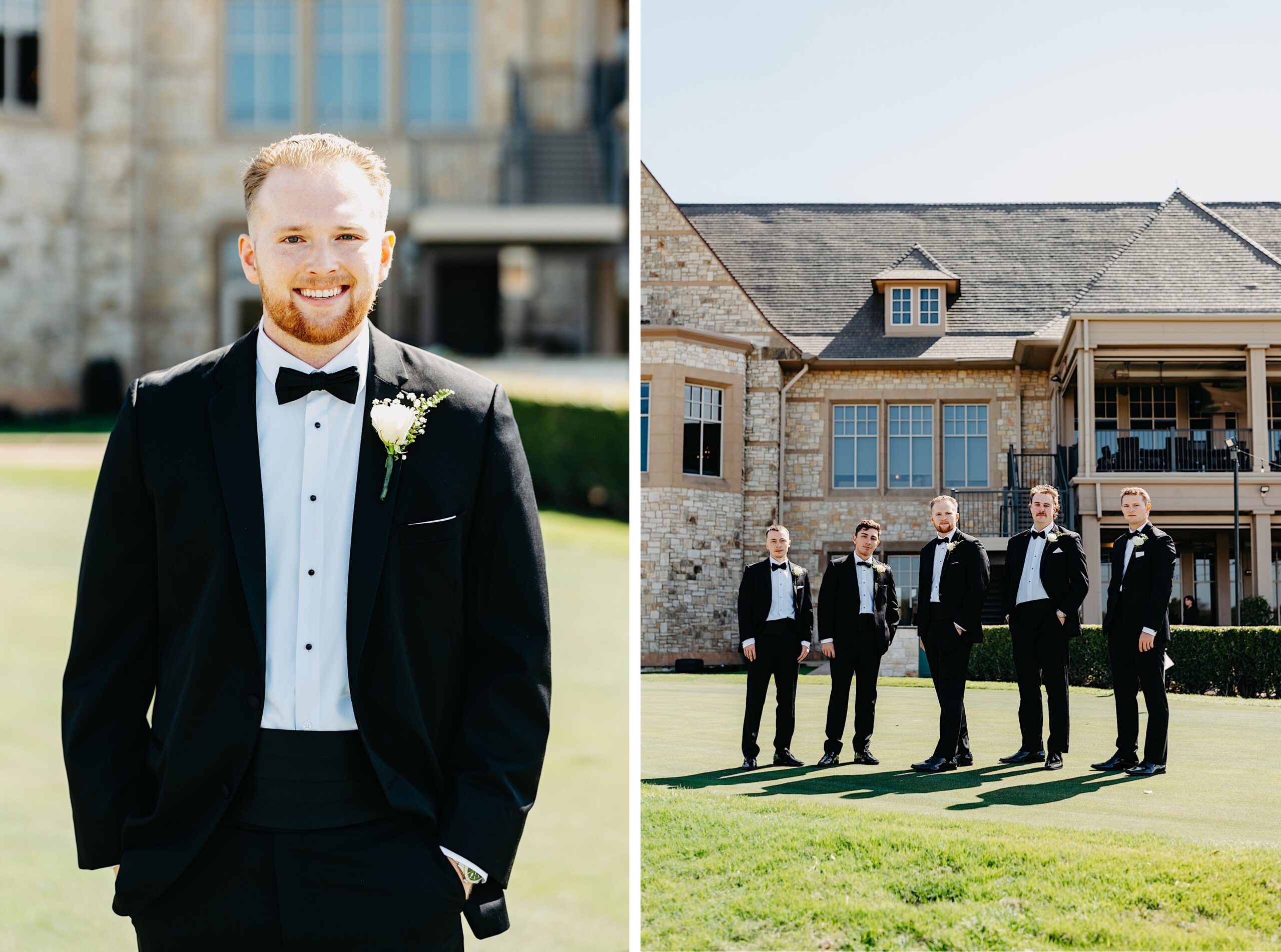 Groom smiling photos and groomsmen taken before the ceremony at Stonebriar Country Club in Frisco Texas